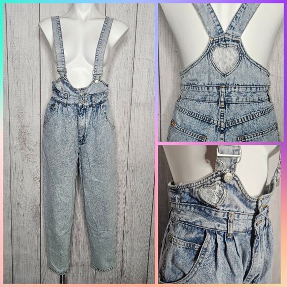 VTG 90s Acid Wash Jordache Overalls with Lace Heart Cutouts, sz L (W28 x 27) - Picture 1 of 11